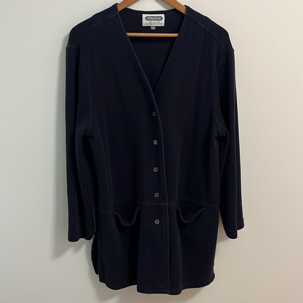 Tilley Knits cardigan tunic sweater navy button down pockets cotton layering S